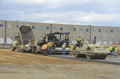 The Volvo ABG7820C paver ensures a smooth, high-quality surface at the Liberty Trust distribution center in Shippensburg, PA.