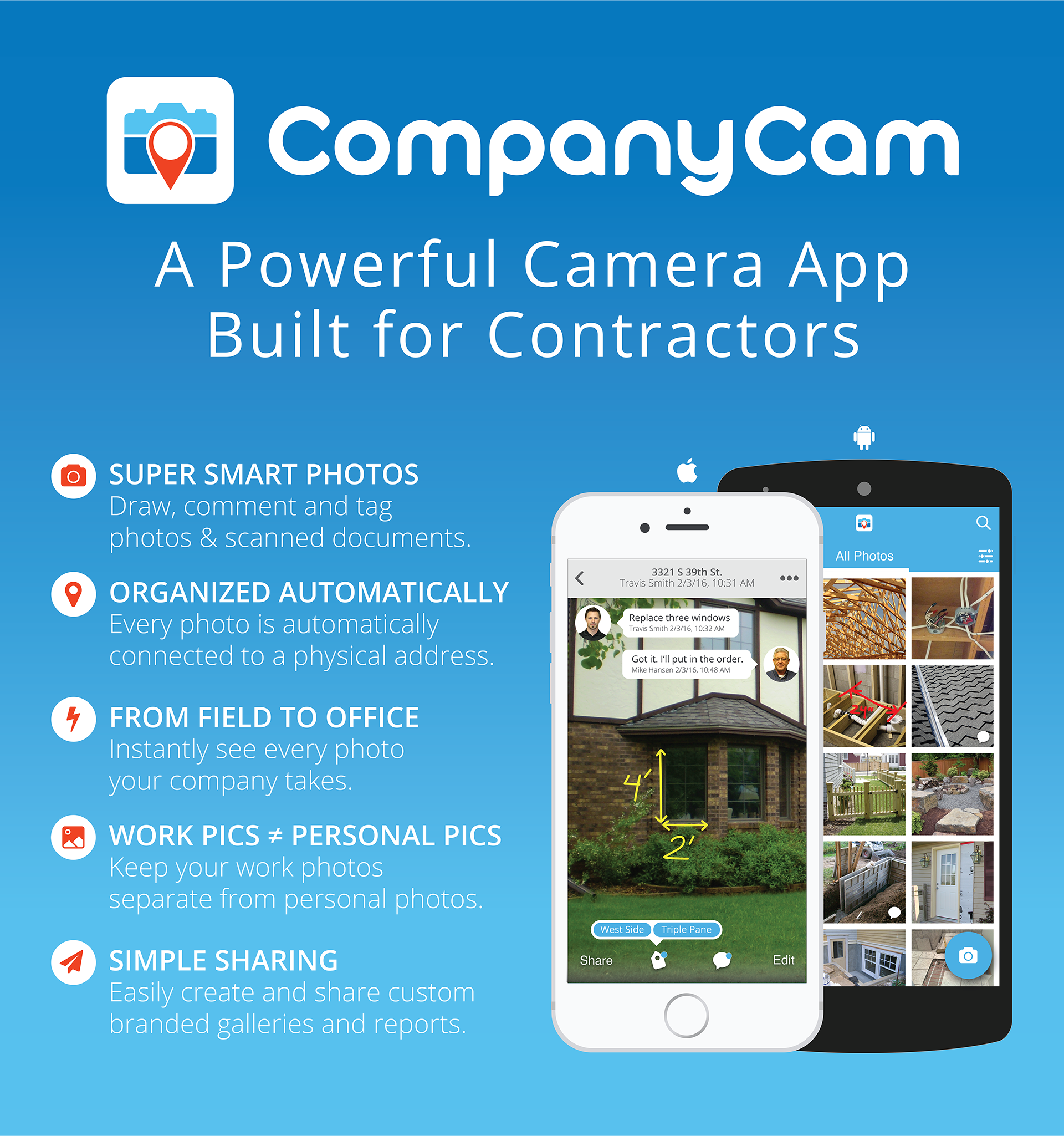 CompanyCam allows everyone in your company to take photos that stream back to the office instantly.