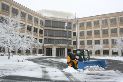 Snowpusher, Inc. outfits its JCB skid steers with plows for snow removal at multi-residential sites like apartment complexes and with pusher blades for large parking lots.