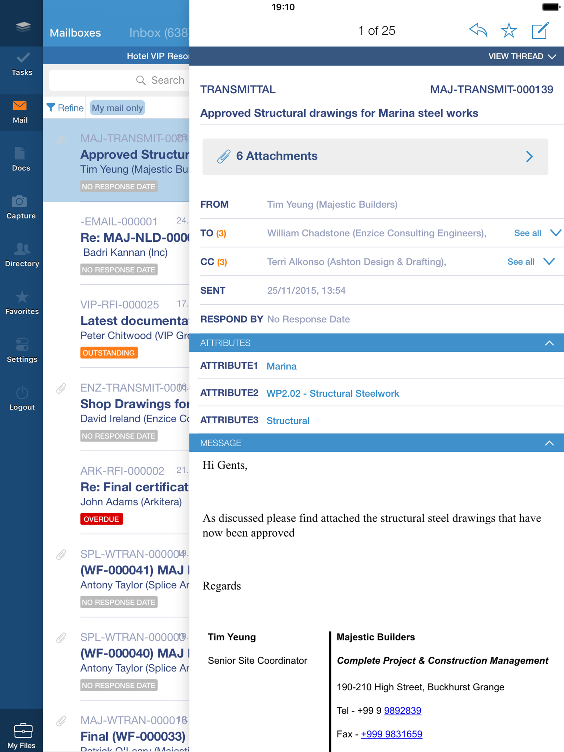 Aconex Mobile users can send out site instructions, review change order requests, access the latest version of shop drawings and more.