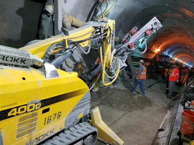 Workers use a Brokk 400D with a TEI 350 rock drill to drill through a tunnel wall. Crews used the attachment to drill holes for steel spiles, well points and freeze pipes.
