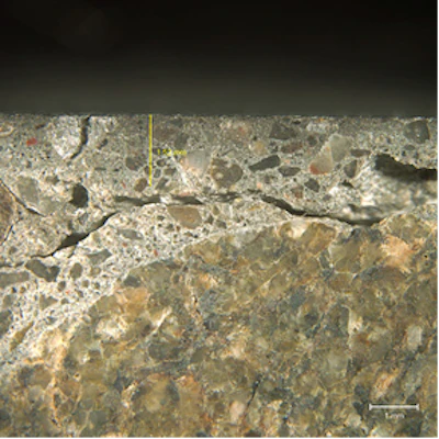 As seen under the microscope, trapping bleedwater and air below the top surface of the concrete typically creates a weakened layer that fractures allowing the top surface to break away from the underlying concrete.