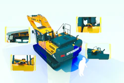 The Hyundai All-Around View Monitoring System (AAVM) is a four-camera system that provides a 360-degree view around the machine.