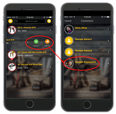 Transfer tools to other employees while in the field and record it on ShareMyToolbox.