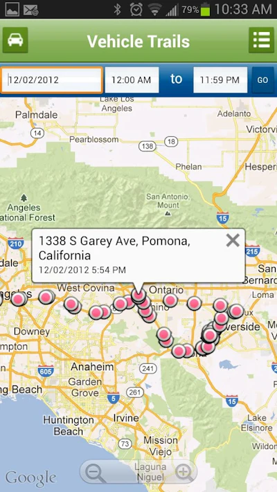 Vehicle trails let users choose a date and time range to display a map view of a vehicle’s reported locations during that time.