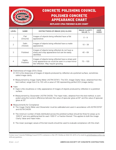 The Concrete Polishing Council recently released the, “Polished Concrete Appearance Chart” that replaces the Concrete Polishing Association of America, “Finished Gloss Chart.”