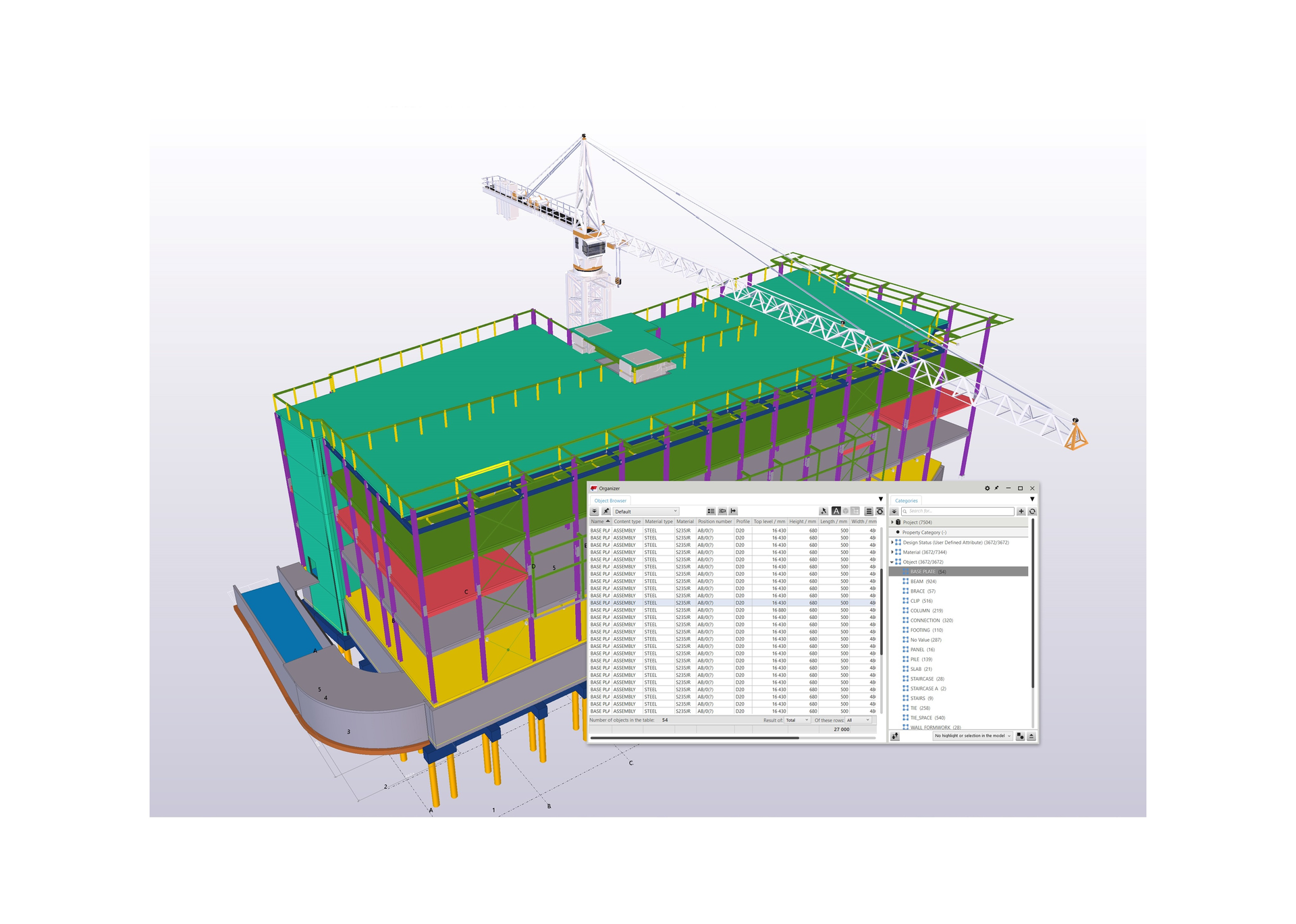 A model of a building using Tekla Structures. The 3D model is the single source of information for drawings and other outputs, such as reports and NC data files. This ensures that the information in drawings and reports is always up to date, as they react to modifications in the model.