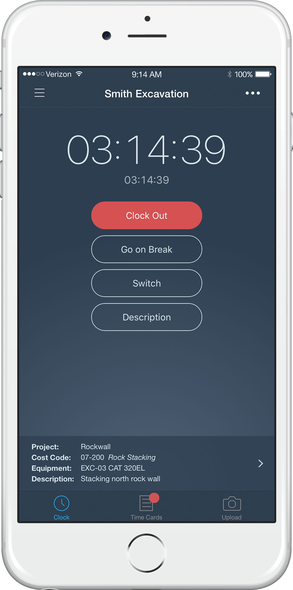 Clock in/out or create manual time entries.