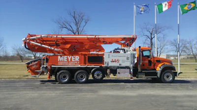 Meyer Concrete Pumping and Conveyor Service had a new 38Z-5 meter boom pump specially painted the symbolic orange color identified with MS and decaled with graphics highlighting support in finding a cure for the disease.
