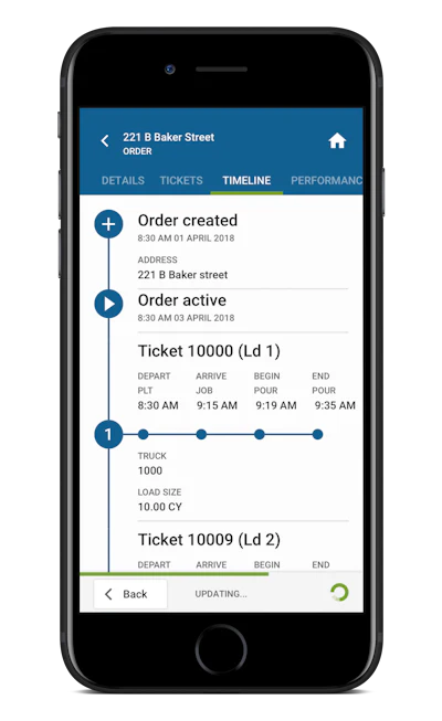 BCMI Corp.’s Material Now app provides contractors with all they need to know about their concrete orders and can be used as a virtual filing cabinet that houses past ticket data. Pictured here is an order timeline for a concrete finisher.