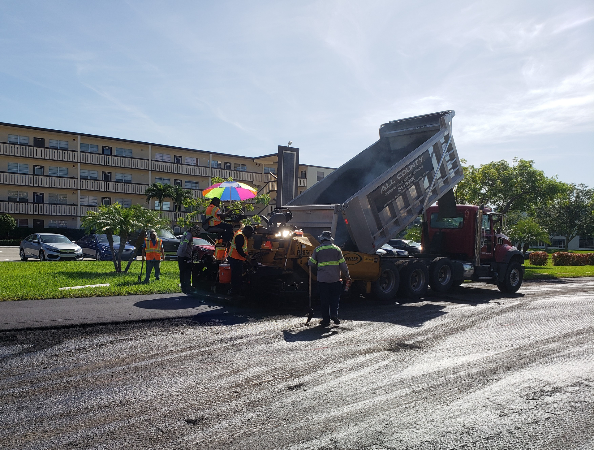 Approximately 18 crew members were directly involved in the project, including ten on the paving crew, five on the milling crew, and four doing the striping.