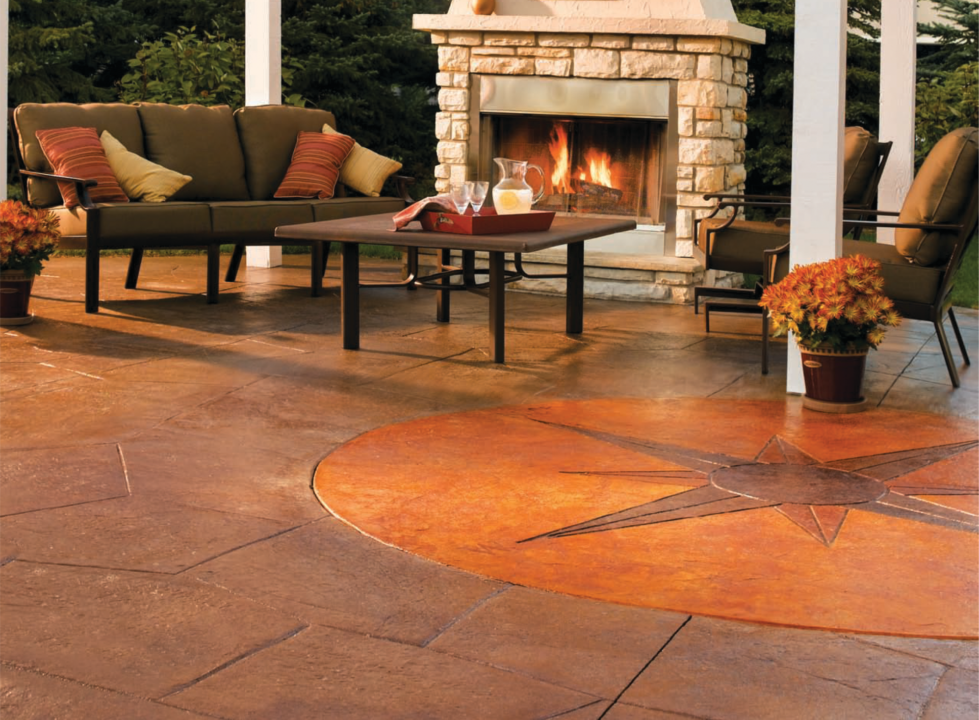 Pictured, an outdoor living space where acid stains were used to etch the concrete surface.