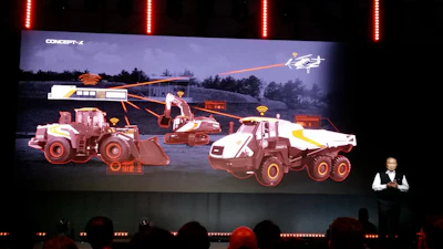 On November 20, Doosan revealed its autonomous construction site solution, Concept-X, with several prototype machines including a drone, wheel loader, excavator and articulated dump truck working together autonomously at the company’s proving grounds. Image by: Curt Bennink
