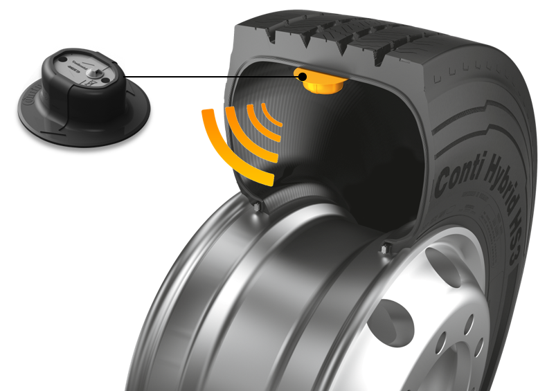 The Continental intelligent steer tires feature a built-in TPMS sensor that transmits tire pressure and temperature data via wireless signal.