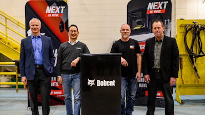From left to right: Mike Ballweber, president Doosan Bobcat North America; Scott Park, CEO Doosan Bobcat; Mike Kiefer, site operations manager, Litchfield; Jim Flynn, vice president of operations, Doosan Bobcat North America.