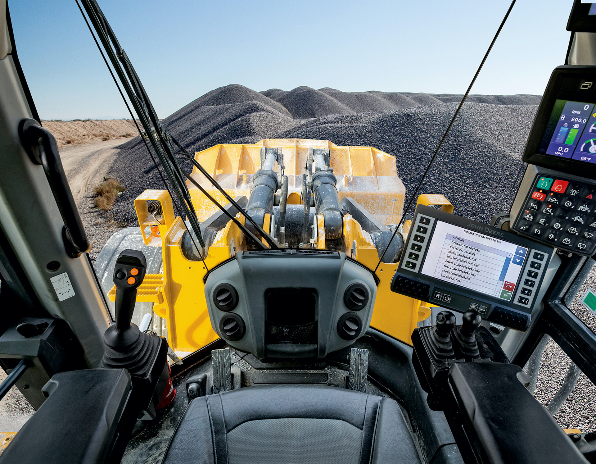 The John Deere wheel loader payload weighing system can be within 2% accuracy if calibrated properly. Additionally, the John Deere system offers data tracking with totals by operator, customer and material type that can be offloaded to a USB drive or transmitted through the JDLink telematics system to be used in other software.