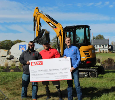 SANY America presented a check and an SY35U excavator to The Travis Mills Foundation at their facility in Rome, ME. From left to right: Joe Duplessis, Northeast District sales manager for SANY America; Travis Mills, founder of The Travis Mills Foundation; and Ben Miller, vice president of sales for construction equipment, SANY America