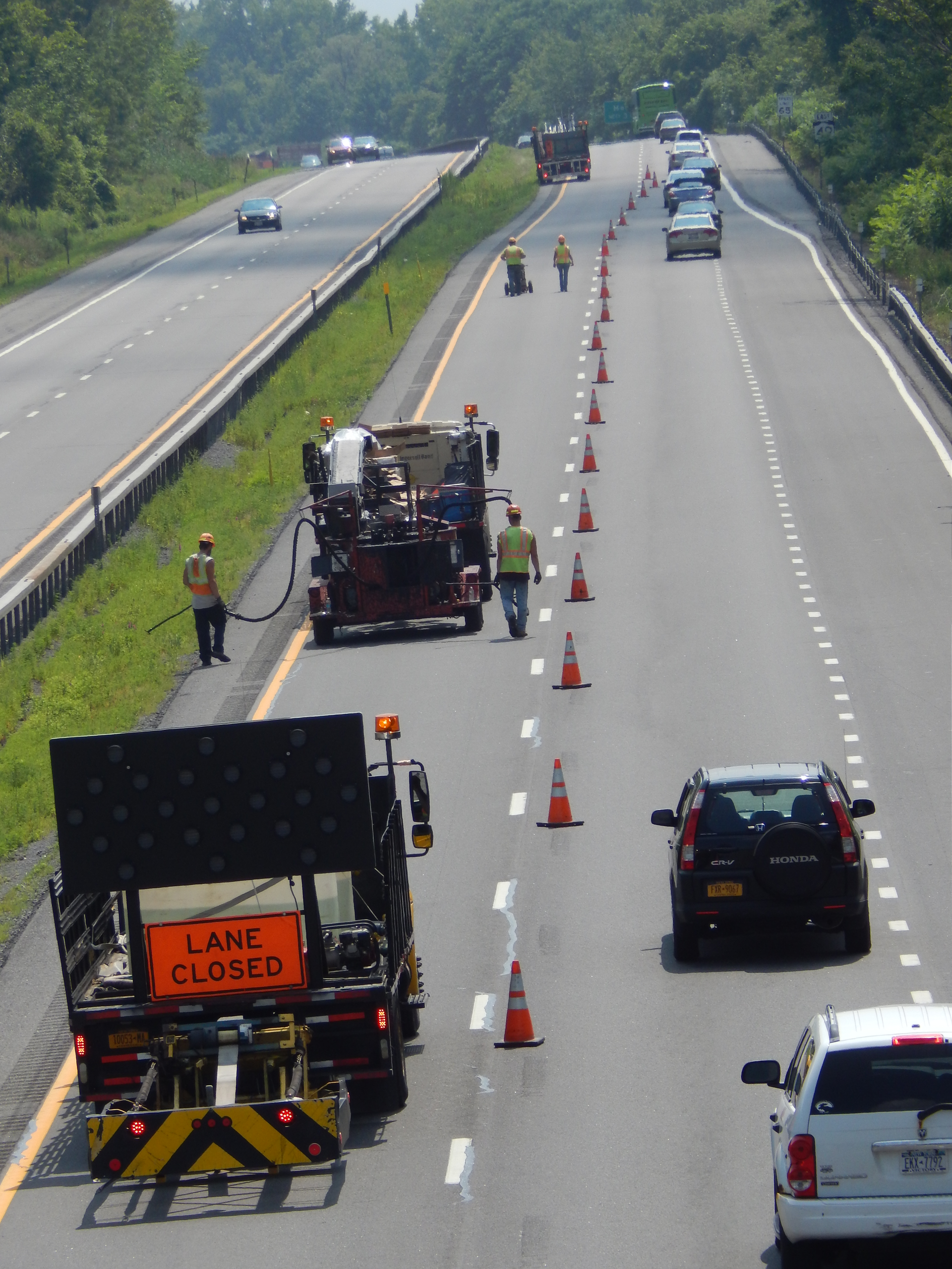 On-road cracksealing is usually a moving operation that requires extensive traffic control.
