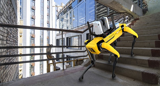 Leica Rtc360 On Boston Dynamics Spot Mobile Robot Covering Scans In Difficult Or Hazardous Terrains