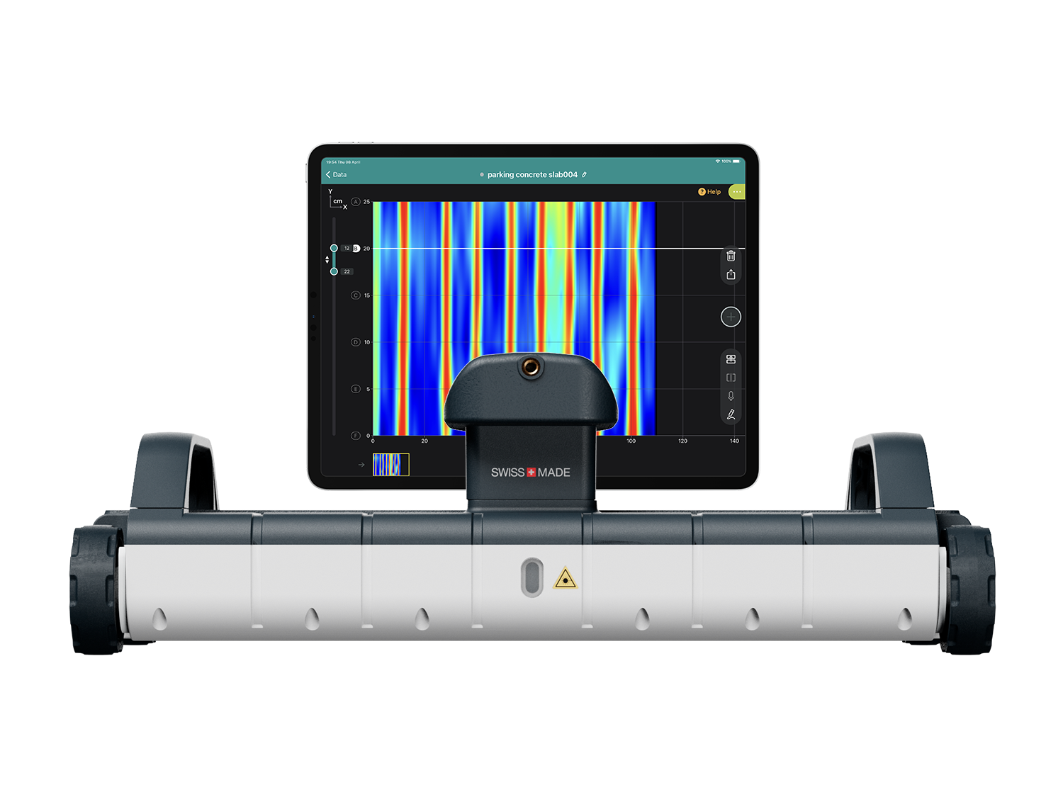 The Proceq GP8100 ground-penetrating radar device (foreground) and results on iPad.