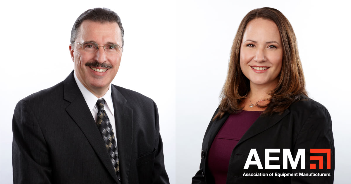 Dennis J. Slater (left) will retire as AEM president, effective December 31, 2021. Megan Tanel, AEM’s senior vice president, Construction & Utility Sector, will succeed Slater in the role effective January 1, 2022.