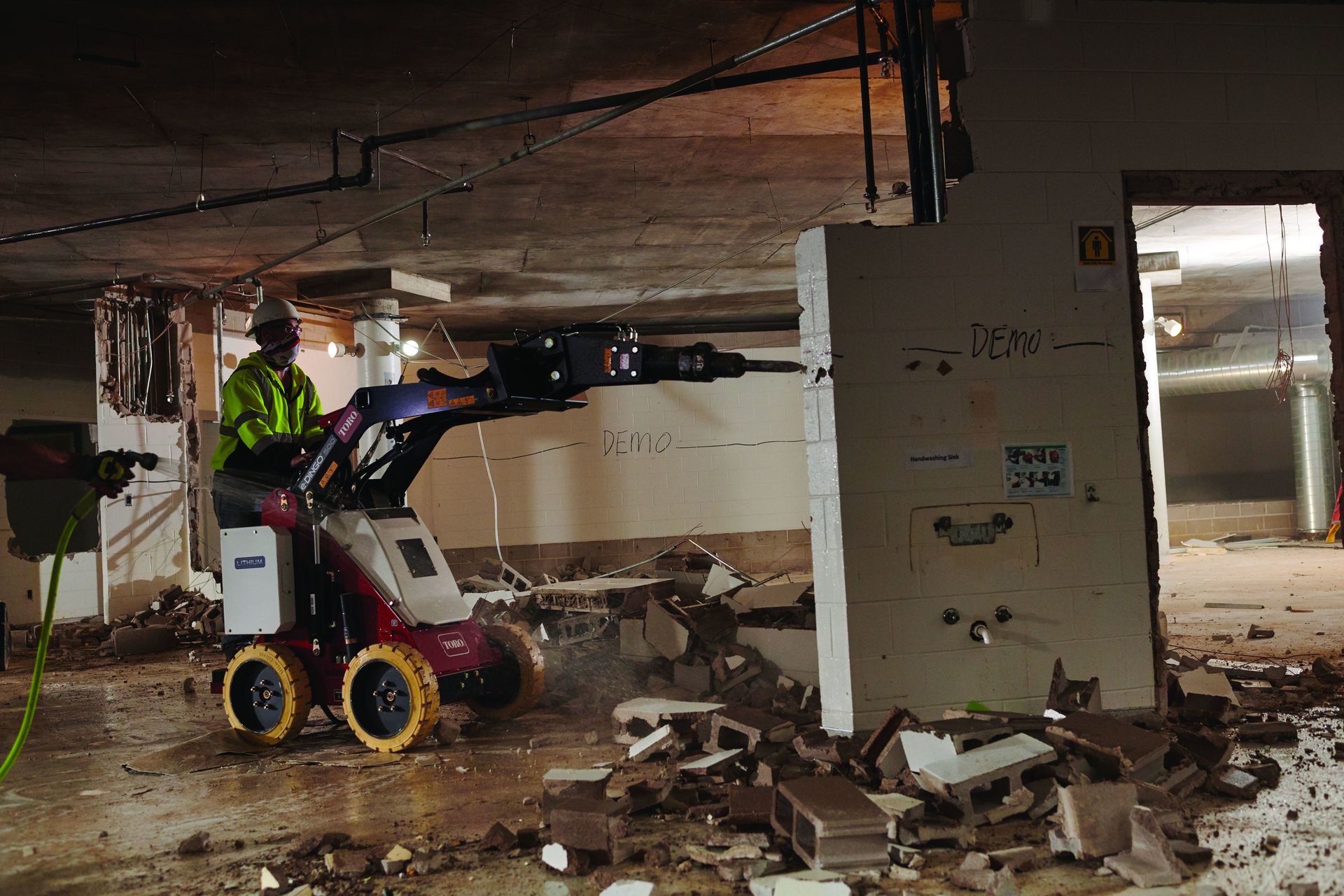 The e-Dingo's compatibility with several existing Dingo attachments allowed Twin Tower Demolition to reduce the amount of equipment used on the Prince of Peace church renovation project.