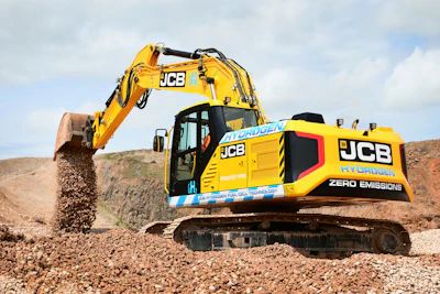 JCB is testing its hydrogen powered 20-tonne excavator at its quarry proving grounds.