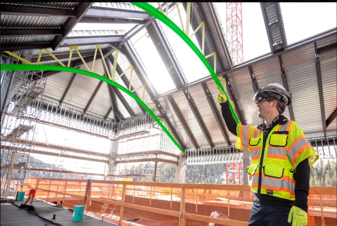 Tirmble's XR10 uses HoloLens 2 to show the wearer what project designs should look like, superimposed to scale over their view of the actual project site to clearly communicate the intended result.