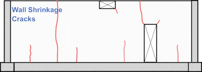 Figure 1. Typical vertical wall cracking if no joints are provided. Also, reentry corner cracks can form due to stress concentrations at interior corners that can contribute to vertical wall cracking.