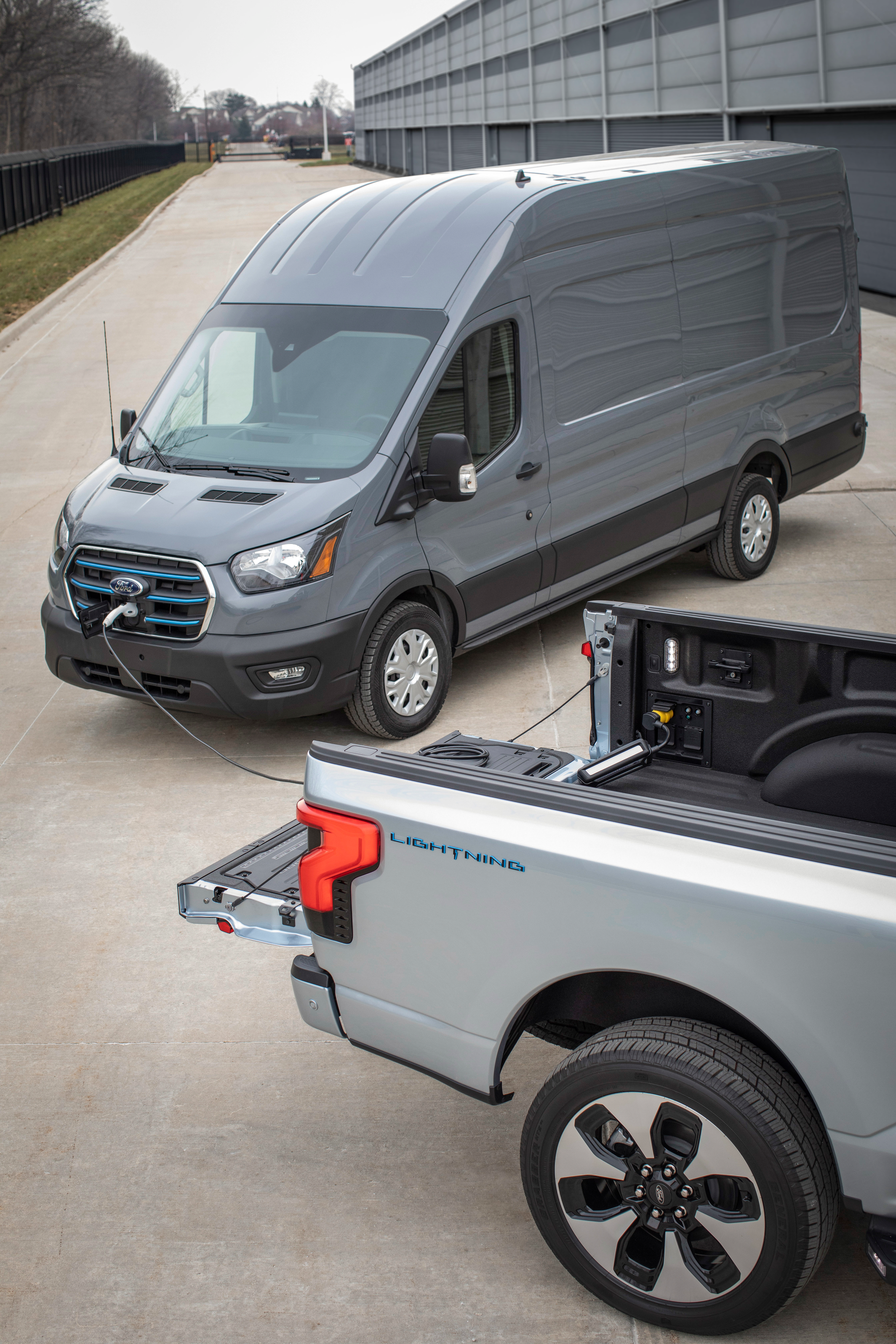 When connected to an F-150 Lightning or F-150 PowerBoost Hybrid with the optional 9.6 or 7.2 kilowatt Pro Power Onboard, the Ford Mobile Power Cord charger can deliver Level-2 charging that’s estimated to add an average range of 10 miles per charging hour to a Ford E-Transit low-roof cargo van.