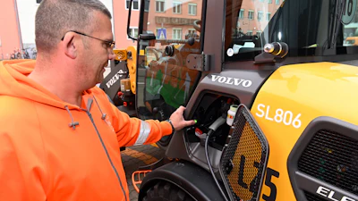 Volvo Construction Equipment recommends a Level 2 AC charging setup using an SAE J1772 charging adapter or J plug for its electric machines. While a common household 12-volt outlet will work, it will take longer.