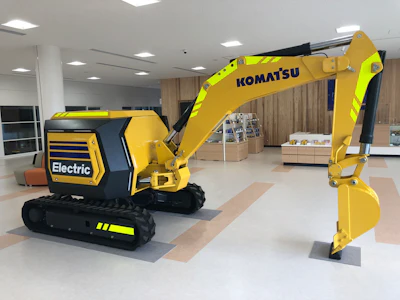 The starting point for most OEMs has been and will continue to be smaller compact machines, whose duty-cycle requirements are relatively light. Shown is a Komatsu electric prototype.