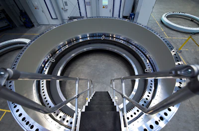 The inside of the large diameter bearing for maritime applications is visible from a ladder.