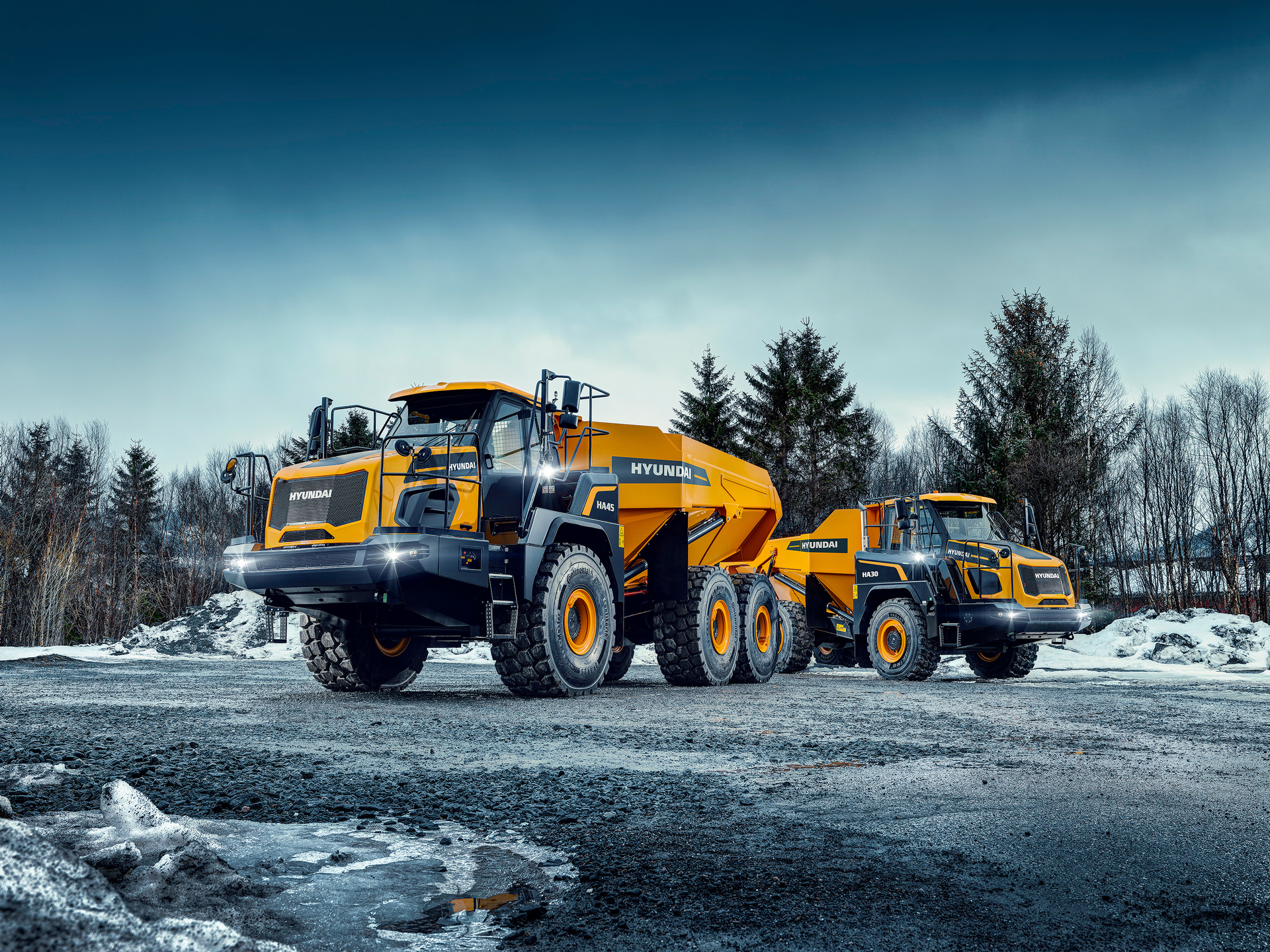 Designed for high-volume earthmoving projects, the HA30 and HA45 articulated dump trucks are available for order through Hyundai’s North American network of authorized dealers.