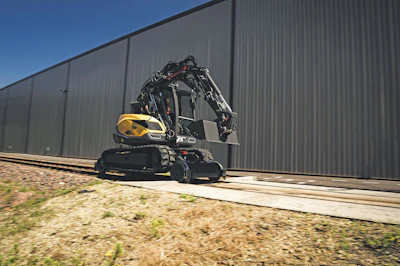 The 106MRail excavator is designed for service and maintenance applications, such as unloading and spreading ballast, ditch cleaning and fine grading.