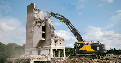 Volvo EC380E straight boom demolition excavator.
