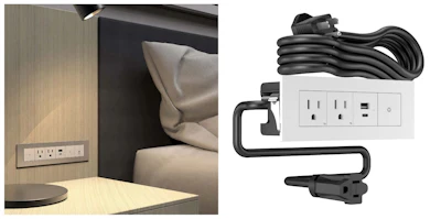 The dash Furniture Power Center can be added directly into furniture, while the dash Power Tower brings power to indoor spaces with a free-standing tower.