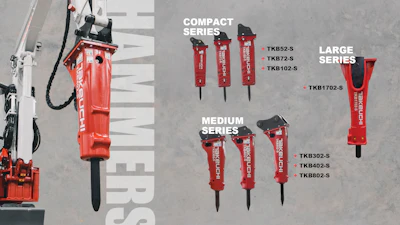 Designed for compact track loaders and compact excavators, Takeuchi’s new hydraulic hammer line includes seven models with reliable power-to-weight ratios for a variety of applications.