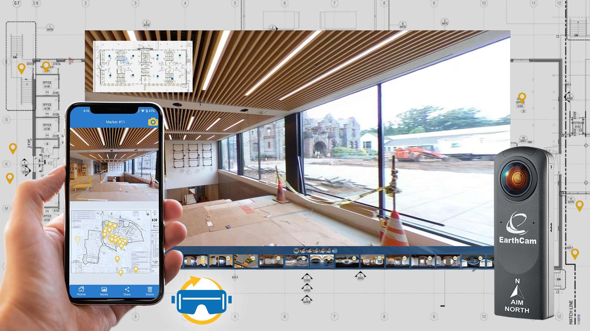VR Site Tour interactive images are captured using a standard 360° camera, combined with EarthCam’s environmental sensor data, and automatically assembled into a virtual project tour.