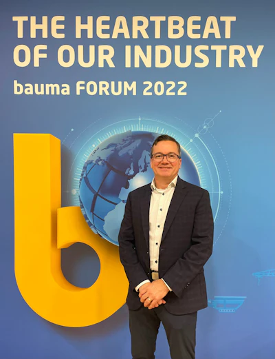 Joel Honeyman, Doosan Bobcat vice president of global innovation, highlighted the features of the new Bobcat T7X all-electric compact track loader at a bauma FORUM presentation in Munich, Germany, on Oct. 28.