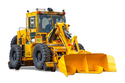 Providing 180-degree boom rotation, the machine is primarily used to thread out old rail and thread in new rail.