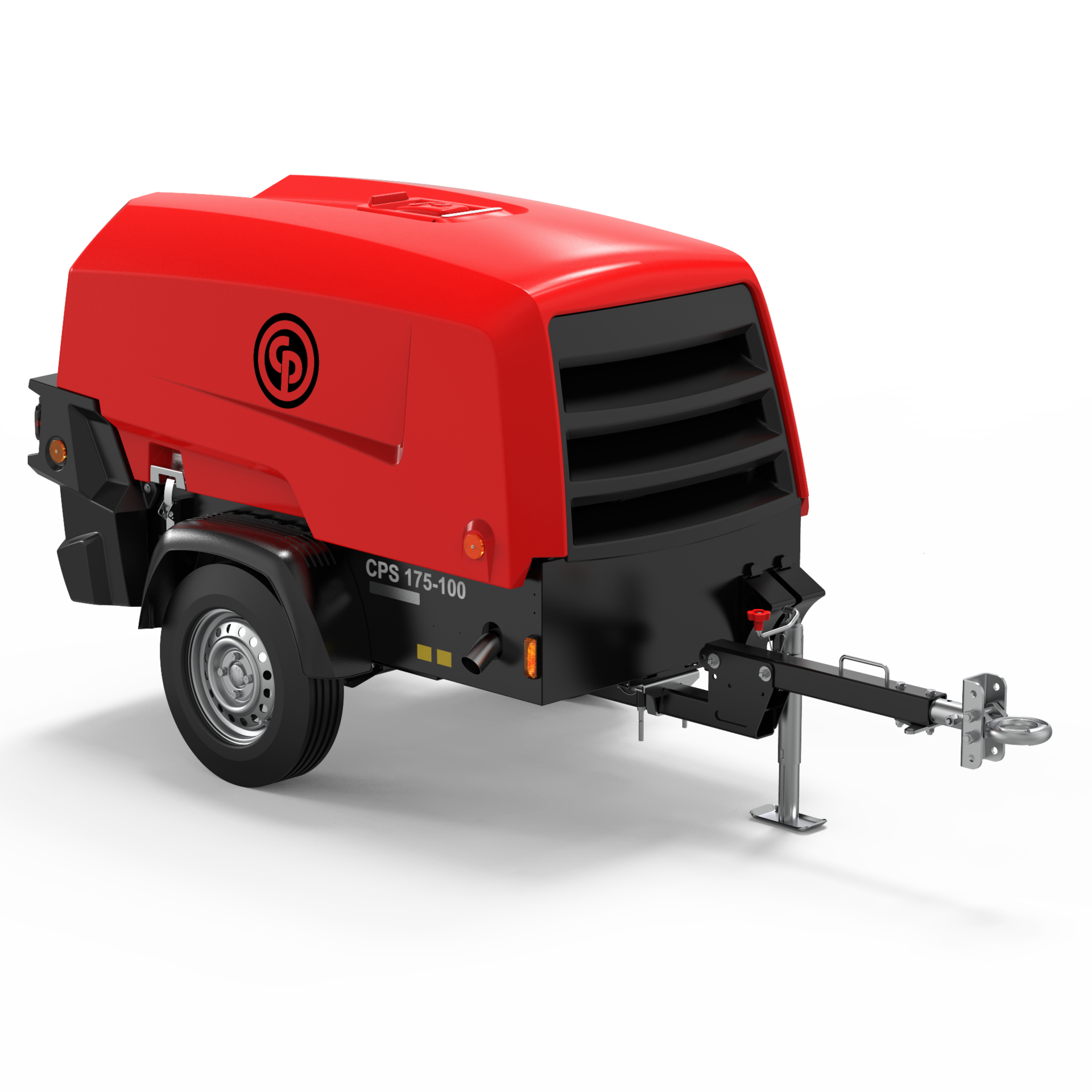 Secured to a single-axle trailer for transportation, the CPS 175-100 is equipped with a Kubota V1505-CR-T-E5B diesel engine and offers up to 125 psi during use.