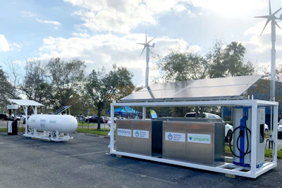 The skid infrastructure combines a 60kW propane generator with wind and solar power to create a microgrid that allows fleets to implement a drop-in charging solution.