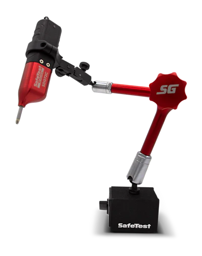 The SafeTest Dial Indicator Series is packaged in a rugged hard shell carry case, with built-in charging harness.
