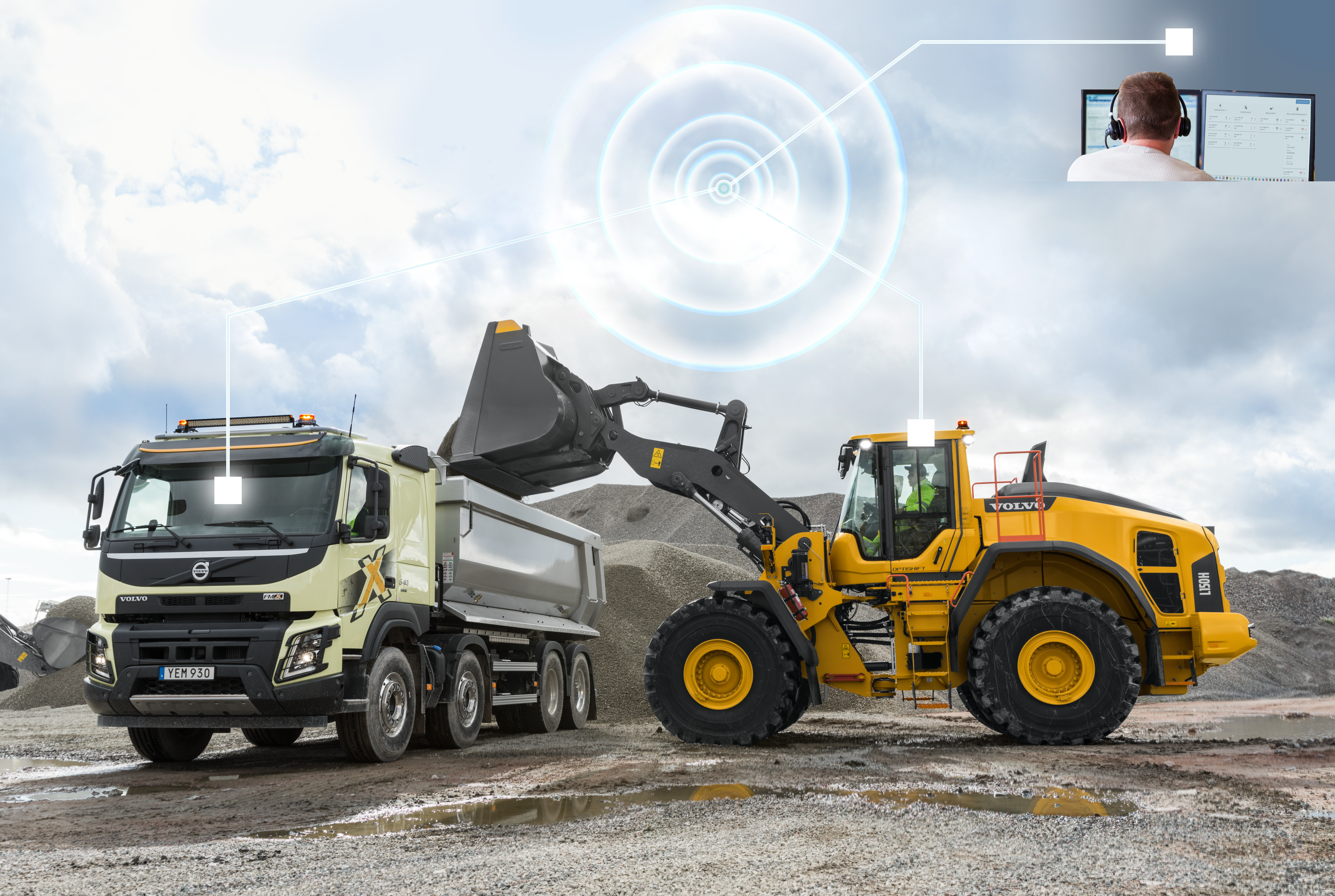 The dump truck and wheel loader are connected through Connected Load Out.