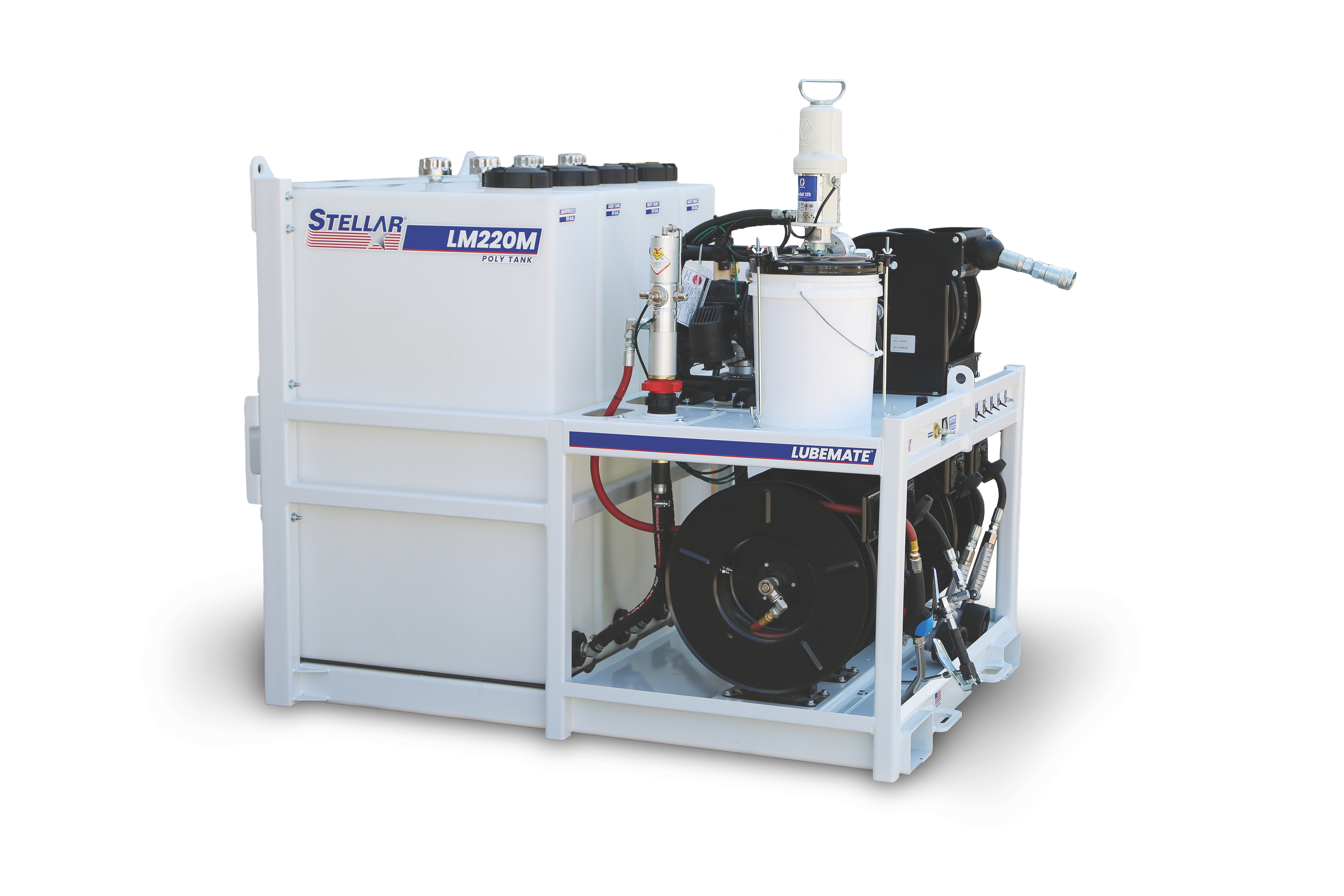 This poly lube skid from Stellar represents an option for mechanic trucks, service trucks and vans, offering a solution for lubrication services and preventive maintenance.