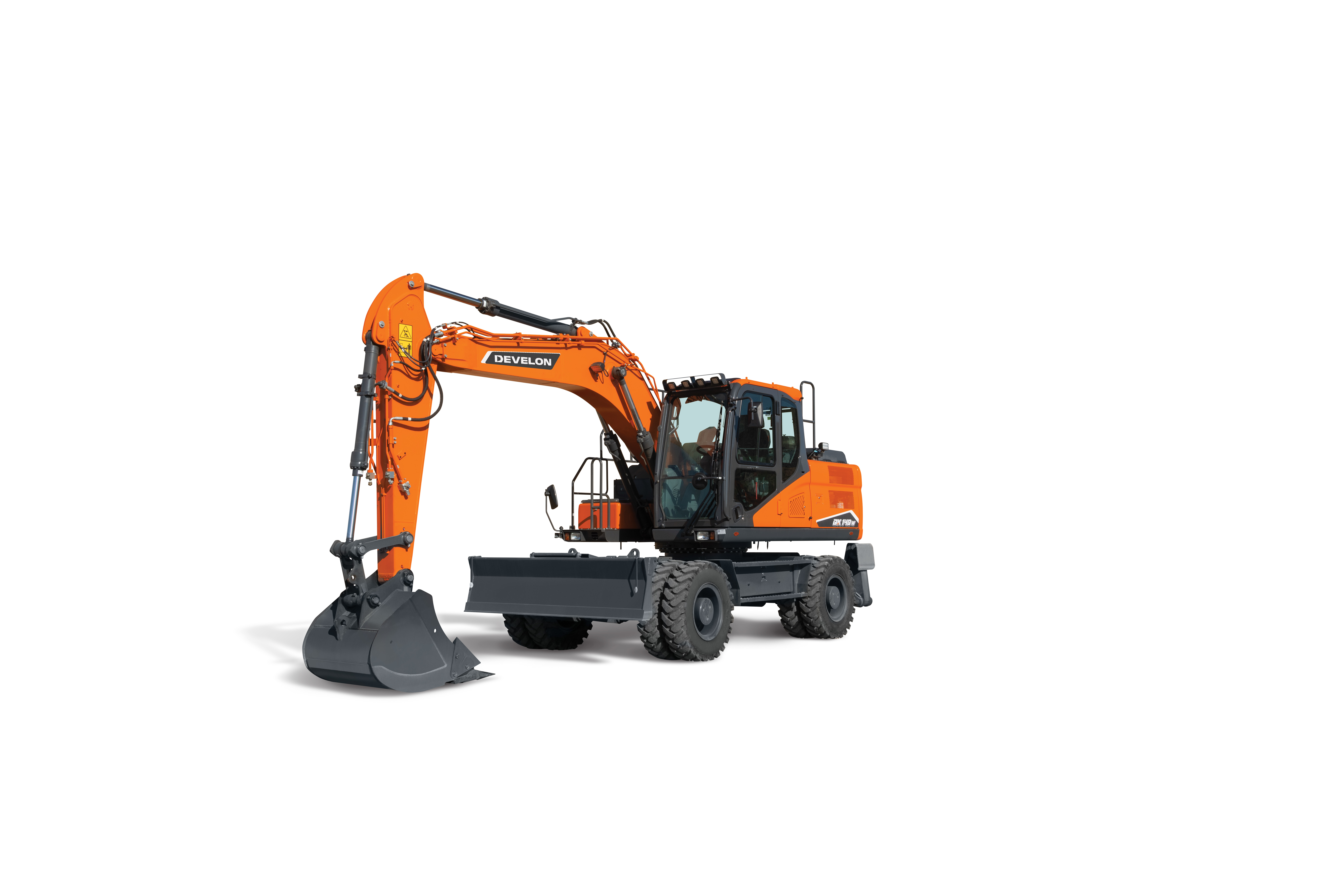 The DX140W-7 can be configured with a front dozer blade and independent rear outriggers or four independent outriggers.