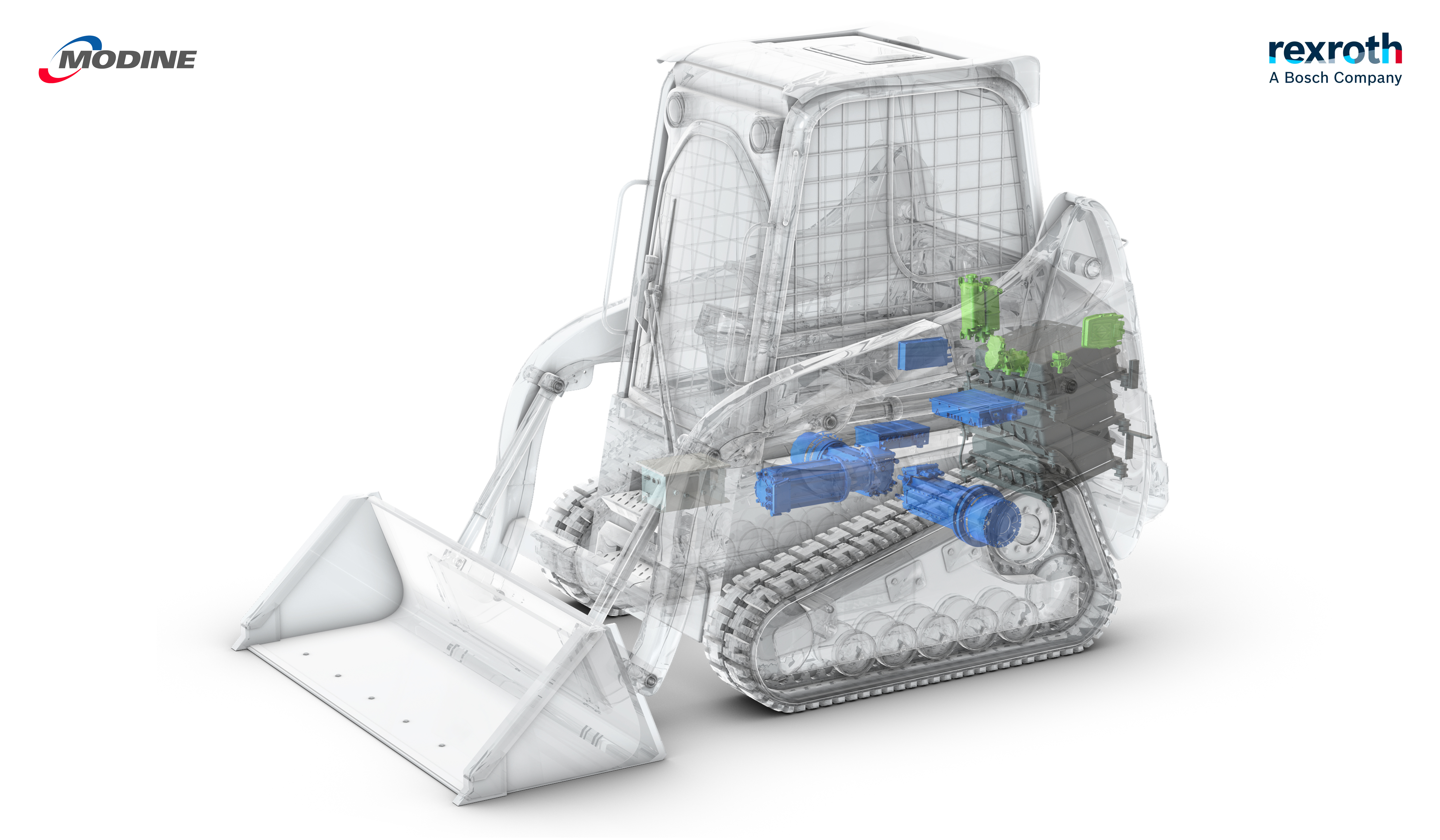 The illustration of highlighted components represents Modine Evantage (green), which is a liquidcooled thermal management system inside Bosch Rexroth’s eLION portfolio (blue).