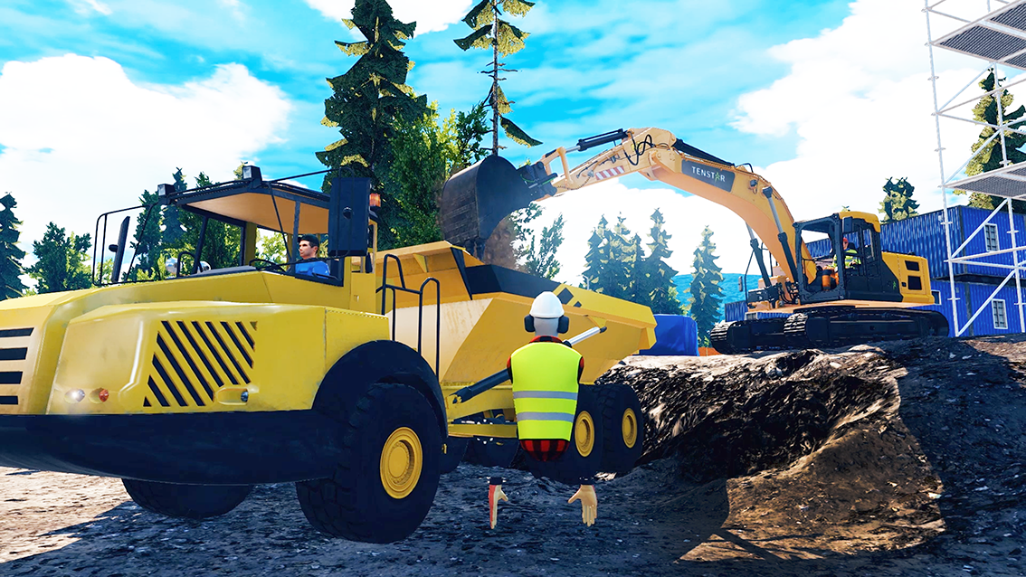 Three users , each operating a hauler, an excavator, and an avatar, collaborating in the same exercise.