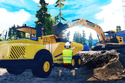Three users , each operating a hauler, an excavator, and an avatar, collaborating in the same exercise.